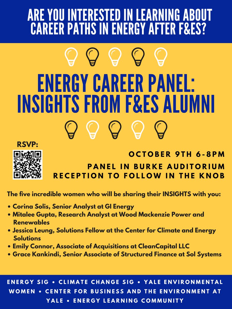YSECareer's tweet image. Tonight: #AlumniPanel #EnergyCareers @YaleFES @YaleBlueGreen environment.yale.edu/calendar/listi…
