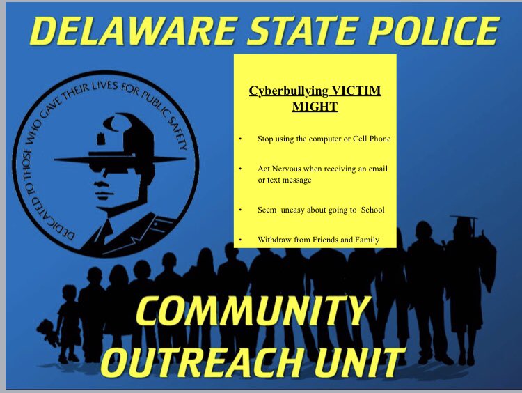 Do you know the warning signs that a child might be being bullied online? More tips from Cpl/3 Colmery <a href="/DEStatePolice/">Delaware State Police</a> #NationalBullyingPreventionMonth