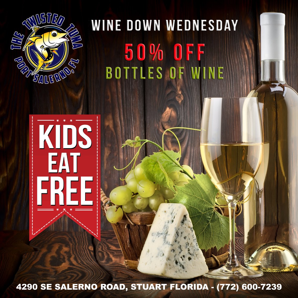 TheTwistedTuna's tweet photo. Wednesdays are full of things to do, we have 50% Off All Bottles of Wine, Kid's Eat Free, Free Face Paintings and Activities, Live Music from 6-10pm, and there's even Free Texas Hold'em Poker Upstairs at 7pm! #gettwisted #thetwistedtuna #winedownwednesday #nppt #kidseatfree https://t.co/V7j85JMI1f