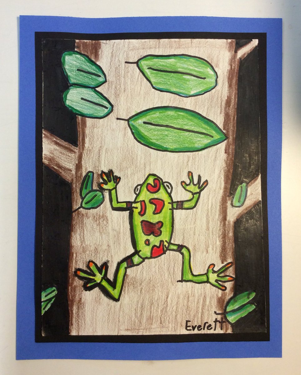 I love this 3rd grade students colored pencil drawing of a frog! <a href="/kfinkART/">RoundHill ART class</a> <a href="/RoundHillES/">Round Hill Elem</a> #rheawesome