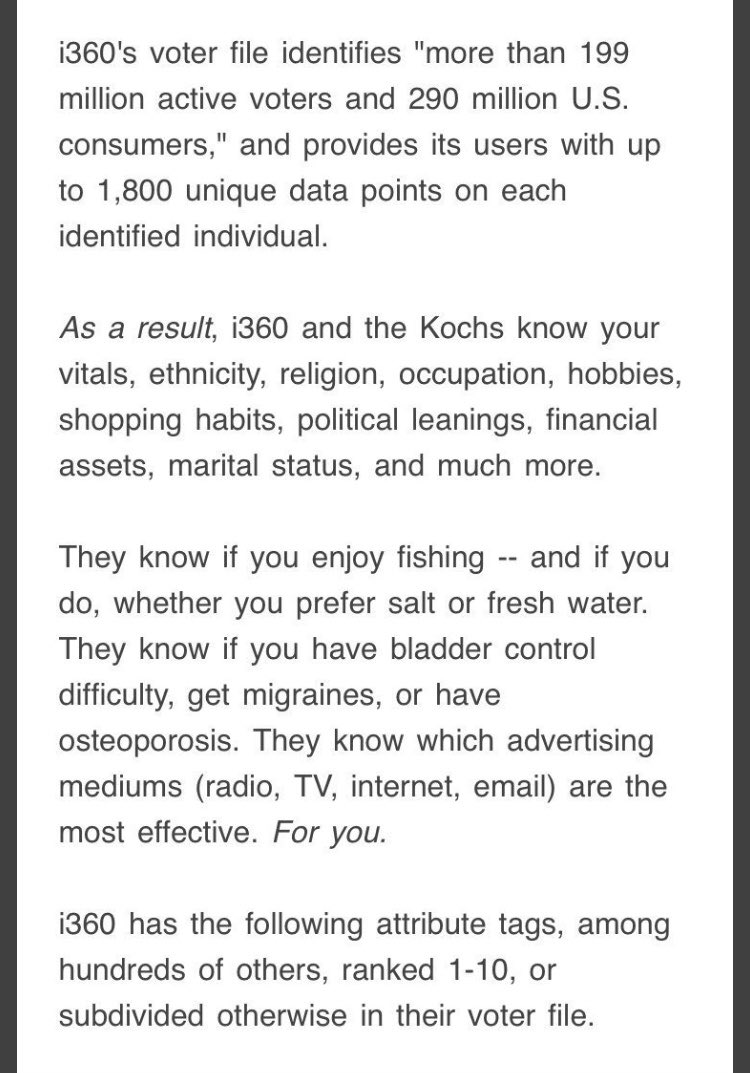 Koch Brothers Are Watching You: And New Documents Reveal Just How Much They Know Conservatives agree that the Kochs are subsidizing i360.  https://www.prwatch.org/news/2018/11/13413/koch-brothers-are-watching-you-and-new-documents-reveal-just-how-much-they-know