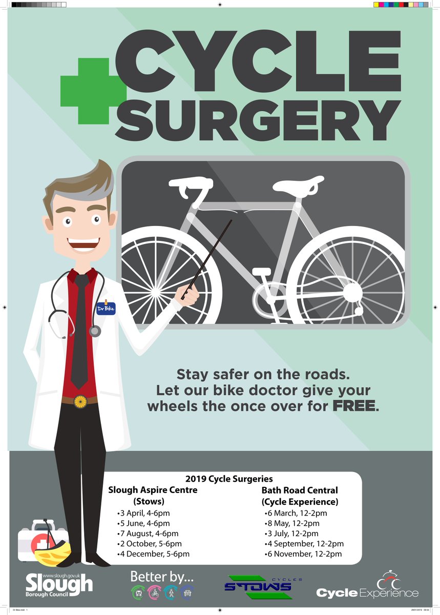 Don't worry if you have missed #DrBike last week, you can come along to <a href="/BathRoadCentral/">Bath Road Central</a> on 6th November and get a free bike health check along with important cycling information on how to stay safe on roads! <a href="/CycleExperience/">TTC Cycle Experience</a> <a href="/StowsCycles/">Stows Cycles</a> <a href="/SloughCouncil/">Slough Borough Council</a> Just turn up!  #Cycling