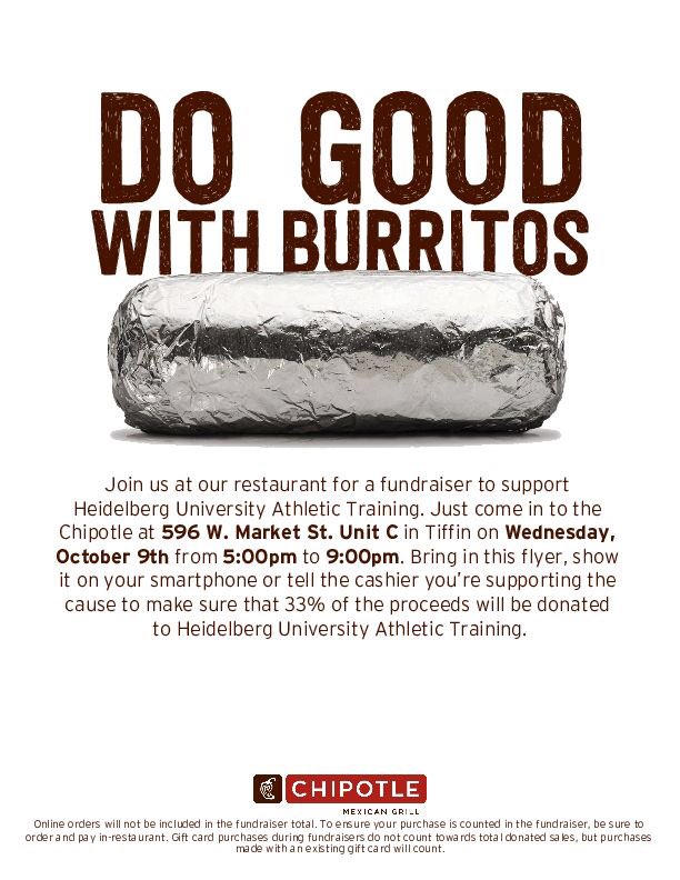 Today’s the day! Head over to Chipotle for Dinner from 5pm-9pm to support Heidelberg Athletic Training! Make sure to show them this flyer! Also, bring your friends!!!