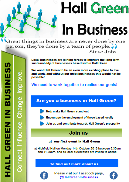 HallGreenInBus's tweet photo. Do you own a business in Hall Green?
Would you like to work with a team of fellow businesses to solve these problems? 
DO NOT miss this free event in Hall Green this Monday!
#business #hallgreen #shirley #Solihull #community #westmidlands #employment #volunteer #highfieldhall https://t.co/3WC3PiwRES