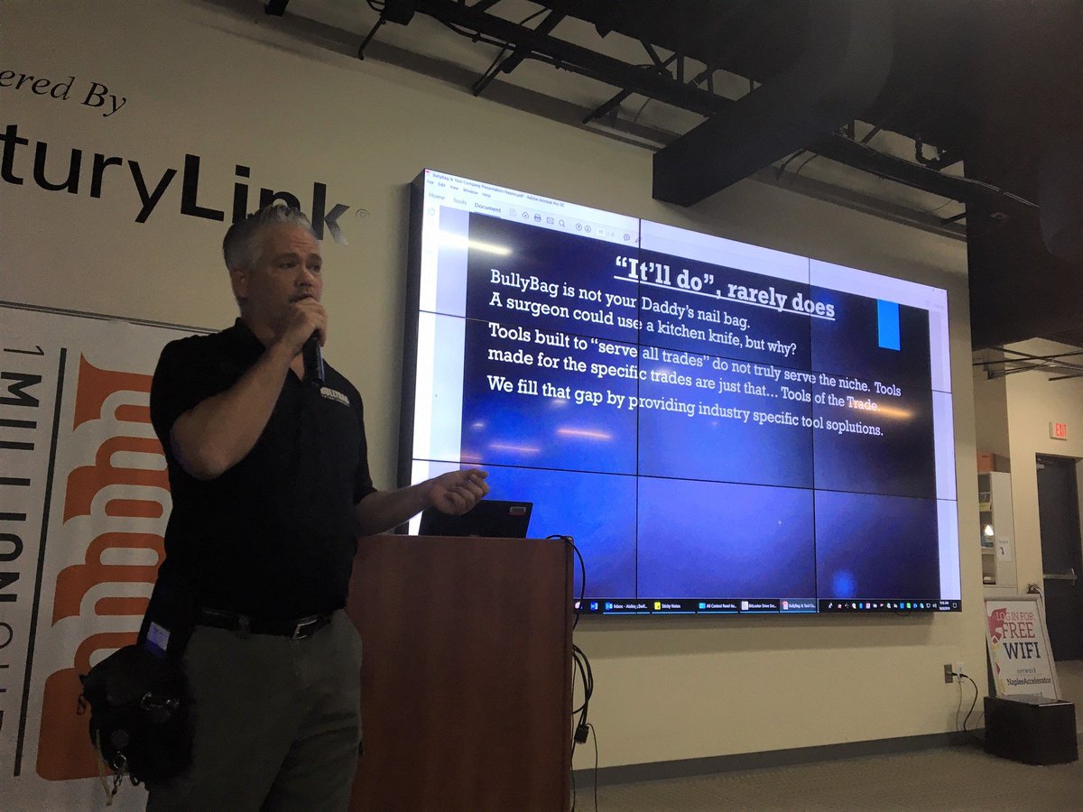 1MillionCupsNPL's tweet photo. #MilitaryVeteran Jerod Allen of @BullyBagToolCo tells the #1MCNaples audience that his #ToolPouch also works for #WaterMitigation pros, #CleaningTechs & #engineers, as well as #CatastropheAdjusters. He's always seeking new uses. The zipper is key & his logo is #ChestyTheBulldog. https://t.co/pUlMYt3WPj