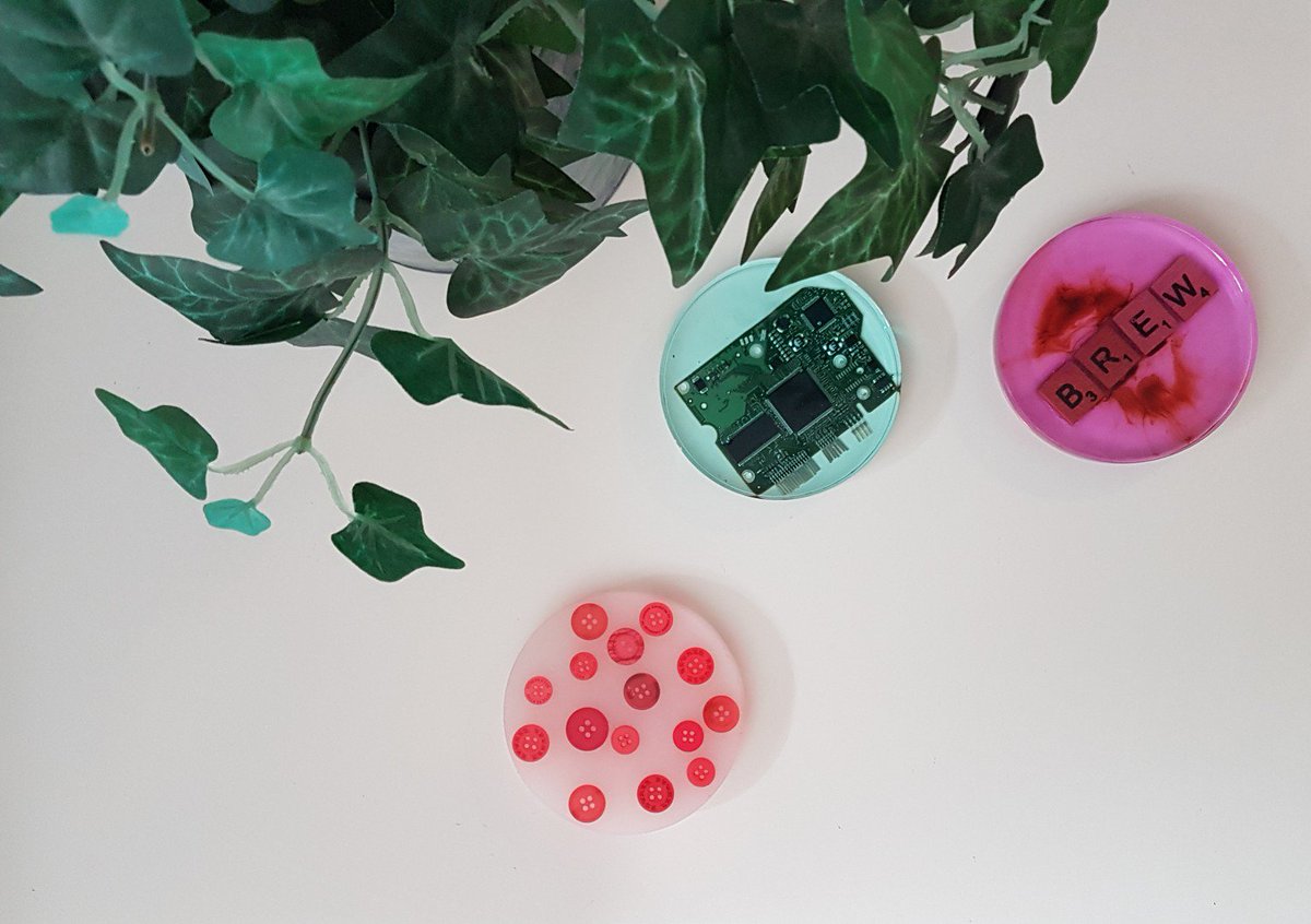 experienceit19's tweet photo. The last few days have been spent experimenting with #Resin. We have transformed discarded PCB boards, buttons and Scrabble letters into drink coasters. @PJFoundation #RePurpose #UpCycle #Innovation #Enterprise #Business https://t.co/1nXBX41FzU