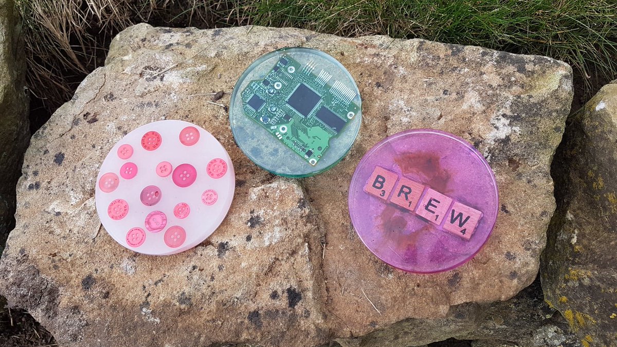 experienceit19's tweet photo. The last few days have been spent experimenting with #Resin. We have transformed discarded PCB boards, buttons and Scrabble letters into drink coasters. @PJFoundation #RePurpose #UpCycle #Innovation #Enterprise #Business https://t.co/1nXBX41FzU
