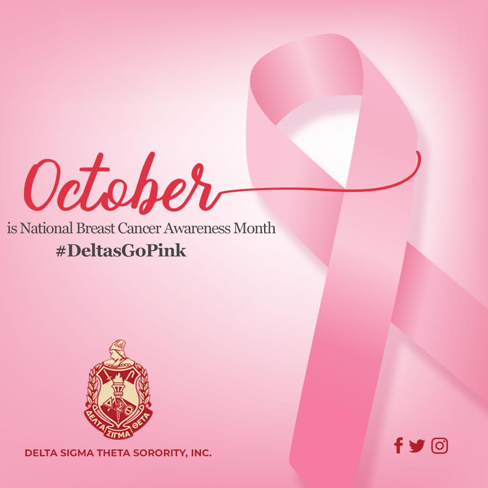October is National Breast Cancer Awareness Month. In partnership with the <a href="/AmericanCancer/">American Cancer Society</a> &amp; <a href="/sistersnetwork/">Sisters Network Inc.</a>, <a href="/dstinc1913/">dstinc1913</a> is committed to raising awareness &amp; funds to help the 1 in 8 women diagnosed. Share a pic &amp; story of triumph below to provide hope &amp; show why #DeltasGoPink.