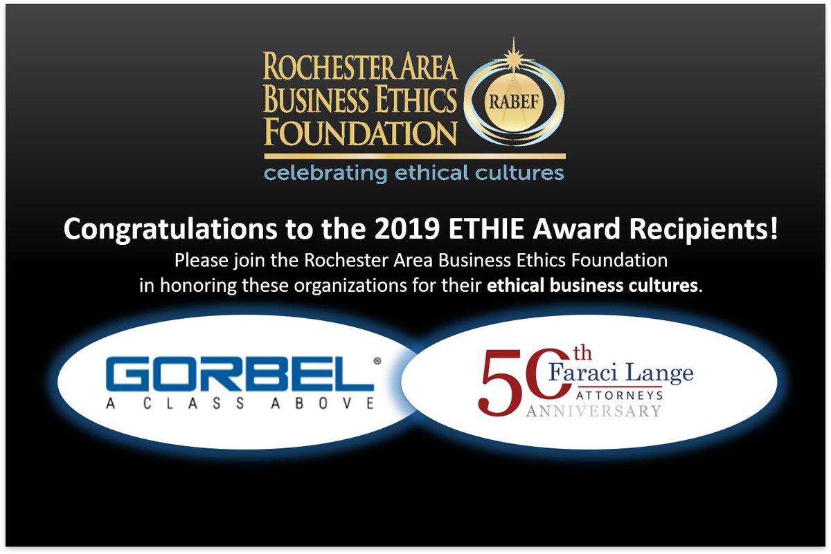 Congratulations to 2019 ETHIE award recipients <a href="/FaraciLange/">Faraci Lange, LLP</a> and <a href="/Gorbelinc/">Gorbel Inc.</a>! Let's join them in celebrating their ethical cultures. #ThisIsROC #BusinessEthics