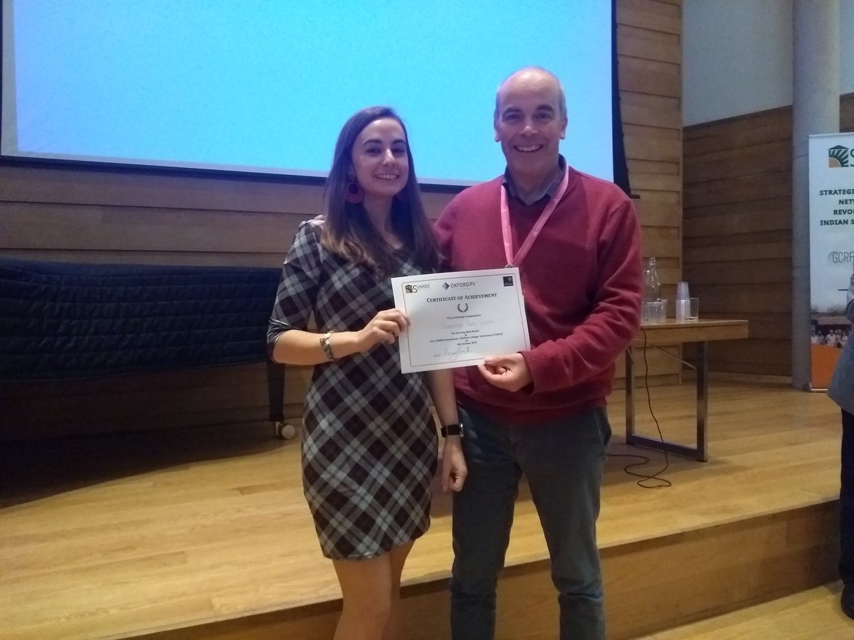 SUNRISEnet1's tweet image. Congratulations to our three winners! Best poster prizes went to Covadonga Pardo Sanchez @lsbu and Sumukh Purohit @jncasr (sponsored by @NSGPilkingtonNA), and best oral presentation went to Tauheed Mohammad @iitdelhi (sponsored by @OxfordPV )

#SolarPowerForAll