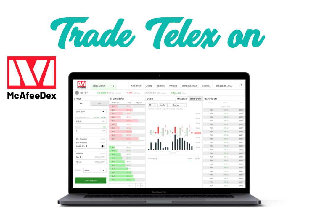 Thanks <a href="/officialmcafee/">John McAfee</a> for the awesome #DEX!

Trade TLX on the new #McAfeeDex - mcafeedex.com/#TLX-ETH

#crypto #exchange #blockchain #ethereum #telexai #eth #tn <a href="/TurtleNetworkTN/">TurtleNetwork</a> $TLX $TN $BTC $LTC $ETH