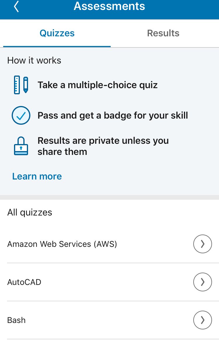 OrionMedia's tweet photo. Innovation @LinkedIn: The #Assessment Quizzes for the techie people, mostly... 
A creative bunch can test their AutoCAD and Maya #skills but not #3dsMax. Pourquoi #LinkedIn? https://t.co/Xyph2RqJYy