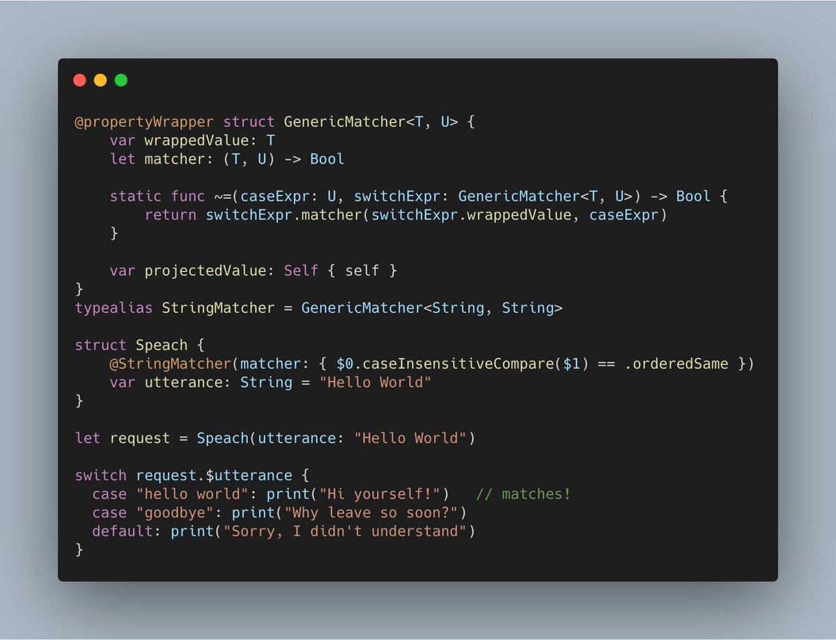 aligatr's tweet photo. Yet another fun application and idea for #PropertyWrappers after my talk about them at #FrenchKit:
Enter custom #PatternMatching annotations 🤩 #SwiftLang
This also answers @cocoaphony 's question: yes, typealias seem to work on PWs (and keep the PW-ability) 🥳 https://t.co/OpbUejdGO7