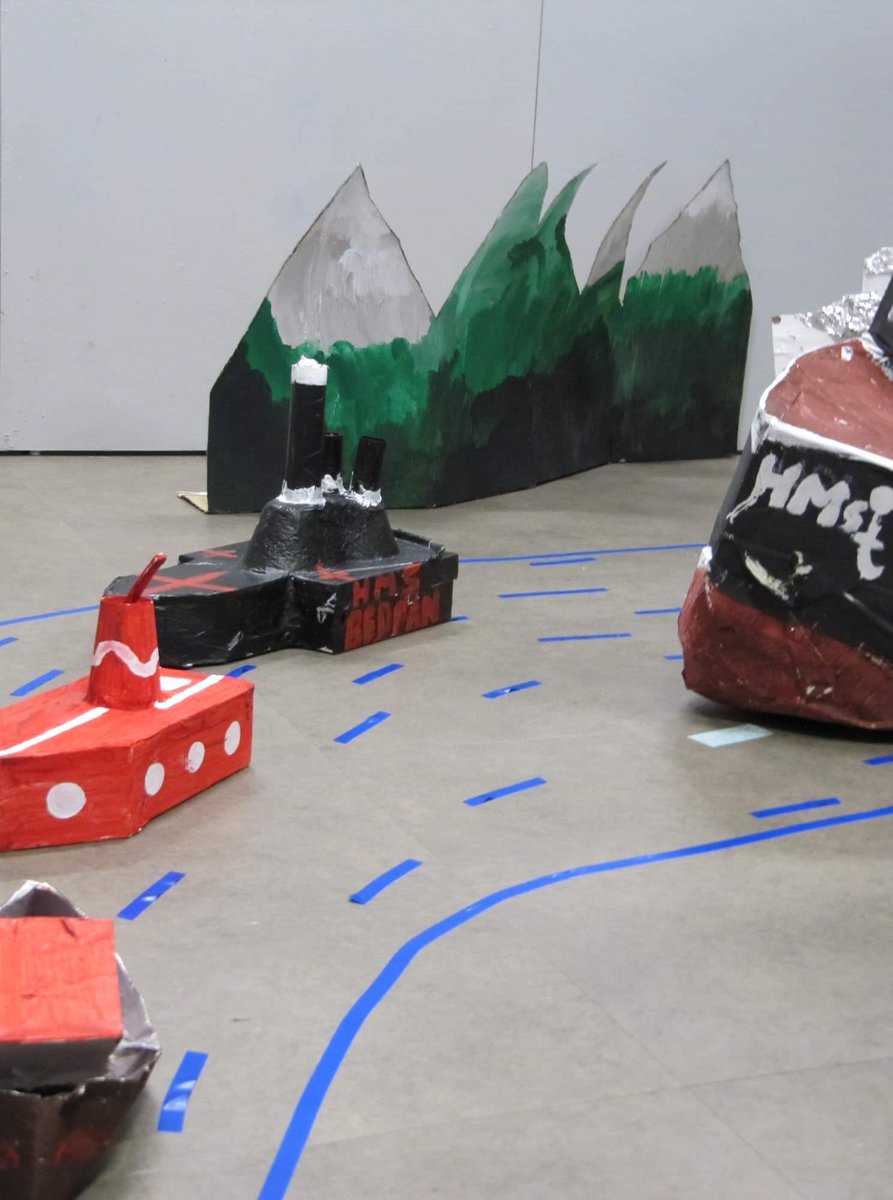 sfgrant7's tweet photo. "We all arrived in different ships  but we're in the same boat now" exhibition of cardboard boat sculptures by members of the Sunshine Recovery Cafe, Paisley https://t.co/2ADXV7t2C3
