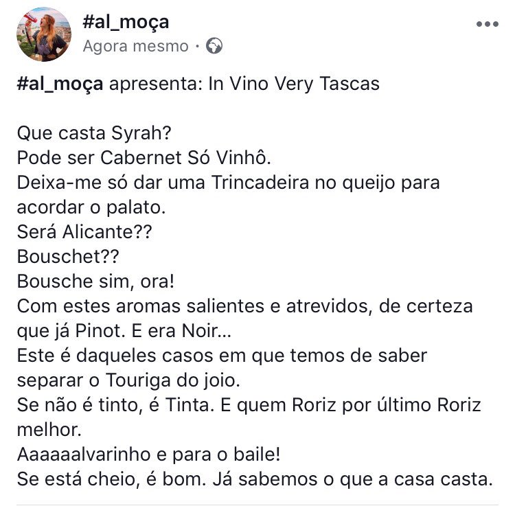 mioleirinhamole's tweet photo. #al_moça apresenta: In Vino Very Tascas https://t.co/FT5ATfMYum