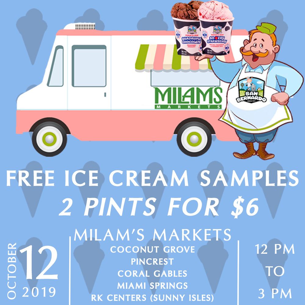 SBIceCream's tweet photo. San Bernardo Ice Cream back at it again with free samples! Find us at these @MilamsMarkets locations on Saturday, October 12th for FREE all-natural #SBIcecream #samples and purchase 2 PINTS FOR ONLY $6! 20% less fat, sugar and calories than other super-premium brands! https://t.co/TbmjahzrL0