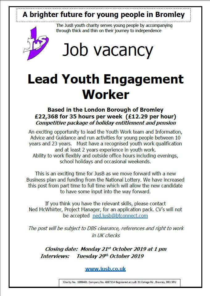 Apply now for our Lead Youth Engagement Worker role at jusb.co.uk ! 
Closing date: Monday 21st October 2019