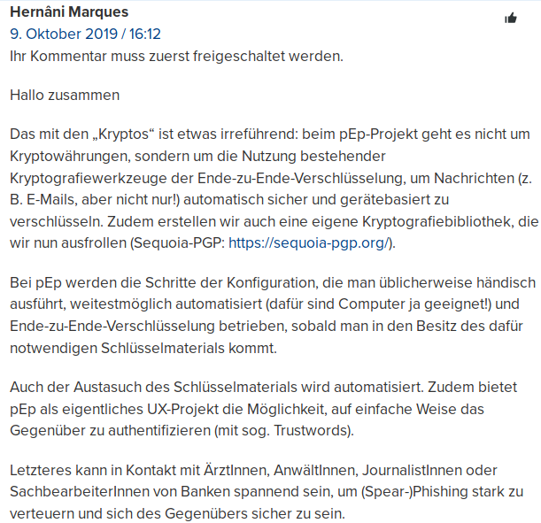 vecirex's tweet photo. Kommentar bei @InsideParade punkto den "Krypto(s)"-Wirren im Zusammenhang mit pEp, die in den Kommentaren sonst so auftauchen. 😉
https://t.co/kMFHcOzhp7

@lukashaessig: Pls freischalten - dankö!

#prettyEasyprivacy #PrivacyByDefault #MassEncryption https://t.co/Mb1MtRvDPn