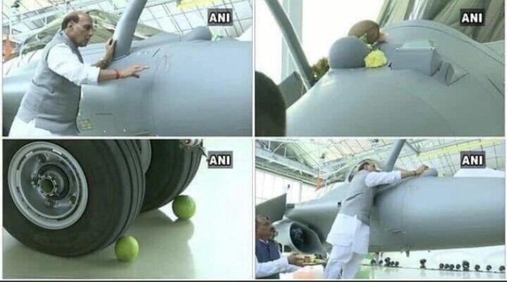 pbhushan1's tweet photo. Is Rajnath Singh trying to exorcise the Rafale scam by this Nimbu Mirchi and Om? Why were Anil Ambani and Modi not part of this grand show? Too embarrassed? https://t.co/JQFUhzpWK8