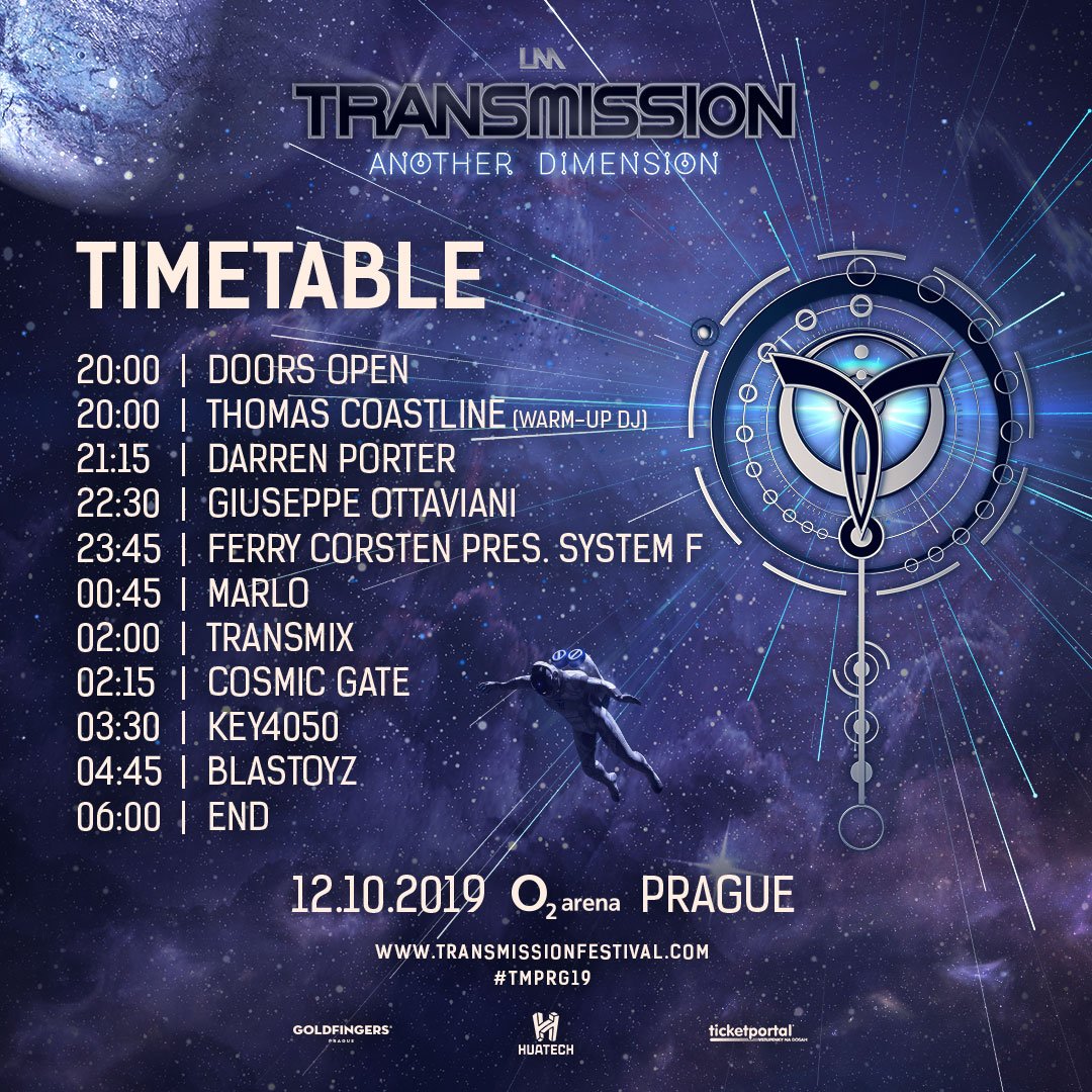 cosmicgate's tweet image. Only 3 days until @TransmissionPRG! Here are your set times. If you couldn't get a ticket, join the #livestream via transmissionfestival.com #TMPRG19