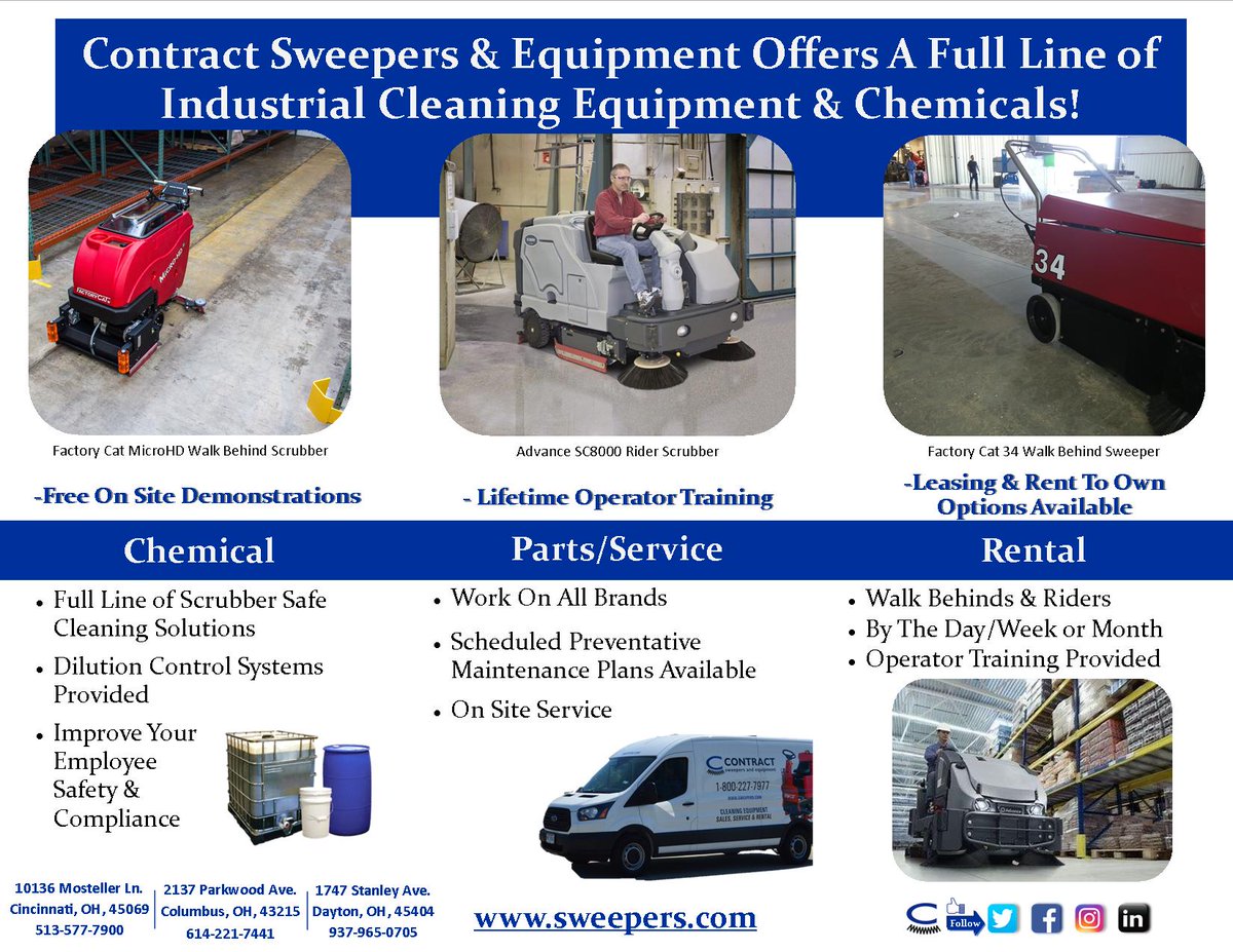 ContractSweeper's tweet image. Contract Sweepers &amp;amp; Equipment has all of your Industrial Cleaning Equipment and Chemical needs!

#ContractSweepers #Contract #StreetSweeping #Equipment #Industrial #Chemcial #Cleaning #Clean #FactoryCat #Advance