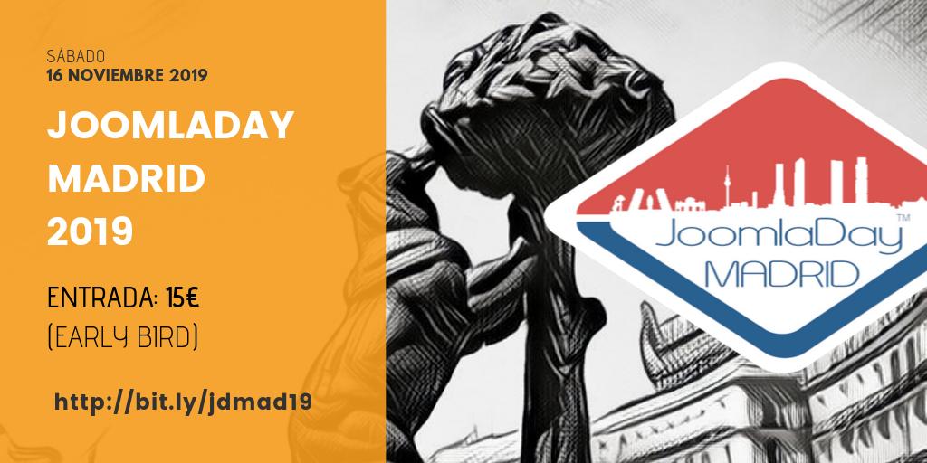 JoomlaMadrid's tweet photo. ¿Aún no tienes tu entrada para el JoomlaDay Madrid? Aprovecha el Early Bird y consíguela al mejor precio. Solo 15€: https://t.co/eAy8wV8e6l #MejorConJoomla #jdmad19 #Joomla https://t.co/mlEpcnXYrH