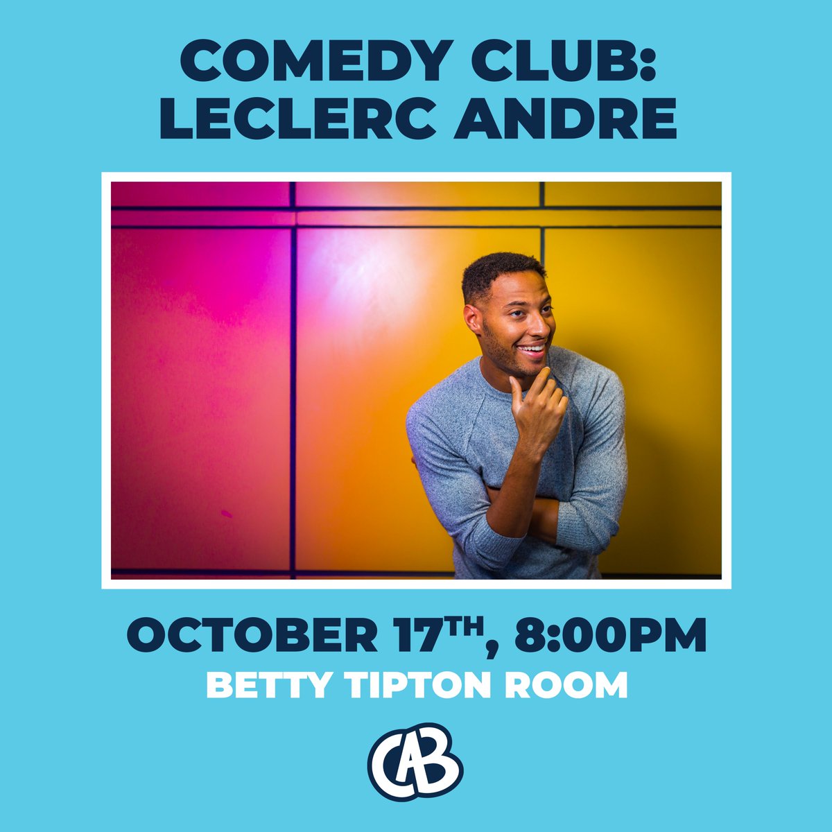 Are you in need of a good laugh? Come down to the BTR next Thursday (10/17) @ 8PM to laugh with comedian Leclerc Andre! Enjoy some FREE milk + cookies and an amazing show!