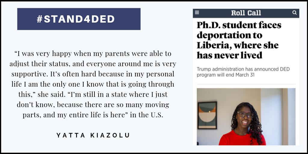 AfricansUS's tweet photo. Yatta Kiazolu, a plaintiff on the lawsuit, has never lived in or visited Liberia, but she could be deported there if the Trump administration is successful in ending the DED program for Liberians. Today, we stand with her. @undocublack #DefendDED #Stand4DED https://t.co/rvbK8dC8rx