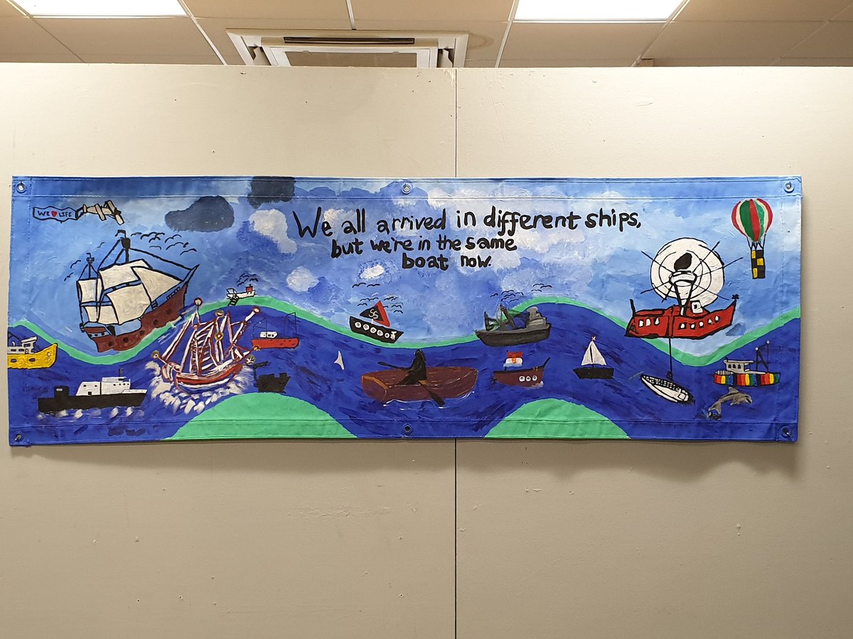 sfgrant7's tweet photo. "We all arrived in different ships  but we're in the same boat now" exhibition of cardboard boat sculptures by members of the Sunshine Recovery Cafe, Paisley https://t.co/dUufMzoiDC