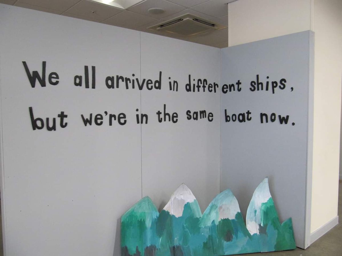 sfgrant7's tweet photo. "We all arrived in different ships  but we're in the same boat now" exhibition of cardboard boat sculptures by members of the Sunshine Recovery Cafe, Paisley https://t.co/dUufMzoiDC