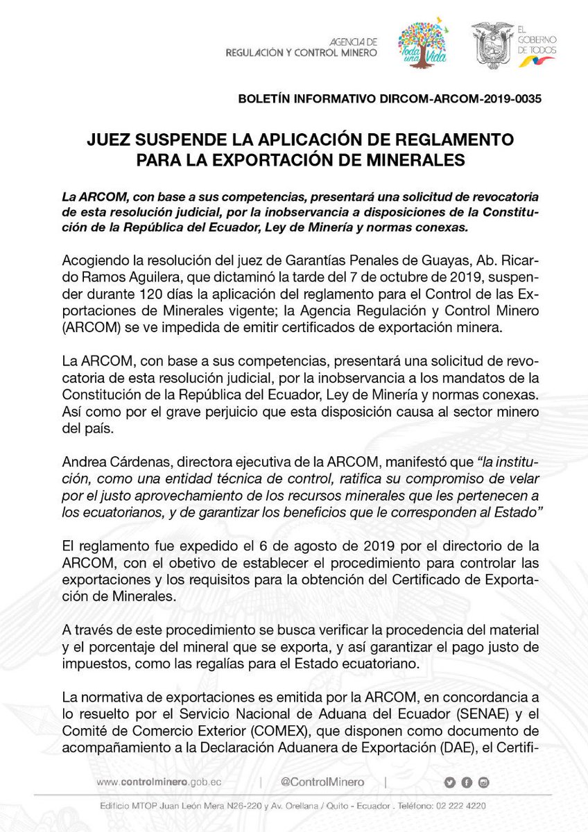 ARCOM_Ecu's tweet photo. 📍📰Boletín de prensa | Juez suspende la aplicación de reglamento para la Exportación de Minerales. La ARCOM se ve impedida de emitir certificados de exportación minera mientras esté vigente esta medida judicial. https://t.co/rr2g190g64