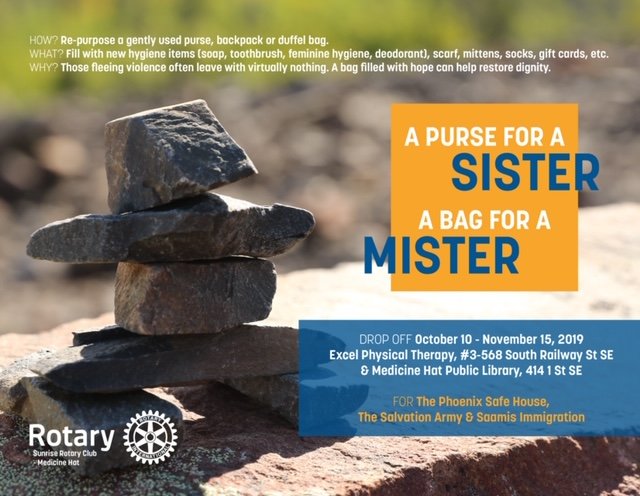 We're a drop-off location for this great initiative by <a href="/SunriseRotaryMH/">SunriseRotaryMH</a>! Bring purses and bags filled with items to help those who are fleeing violence. In support of <a href="/MHWomensShelter/">MH Women's Shelter</a>, <a href="/salvationarmy/">The Salvation Army</a>, and Saamis Immigration. #medhat #purseforasister #bagforamister