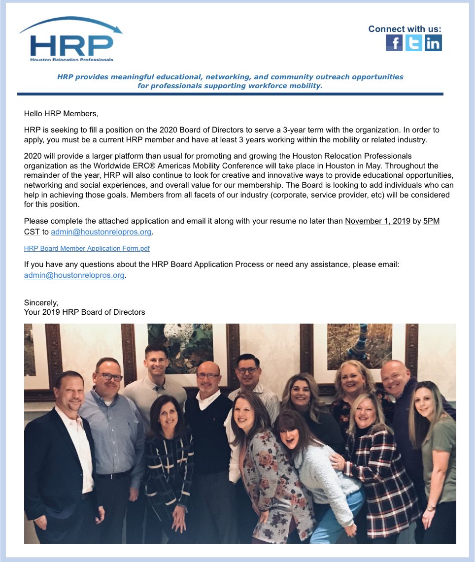 HoustonReloPros's tweet image. Calling all HRP members! HRP is seeking to fill a position on the 2020 Board of Directors. Apply today and make an impact in the industry! #relocation #globalmobility #Houston