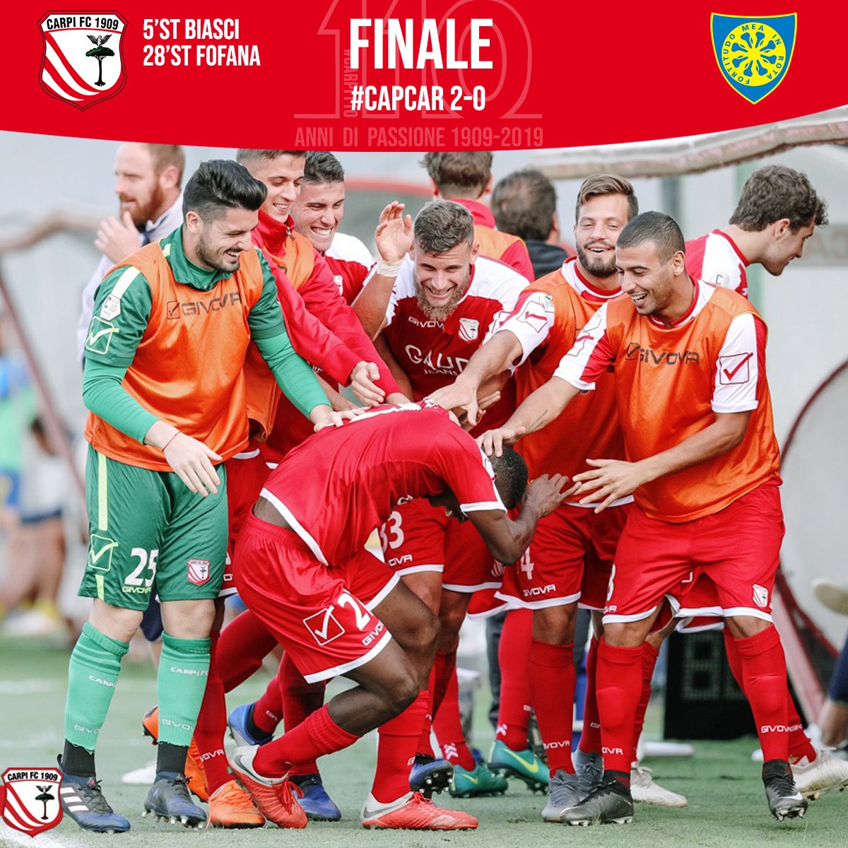 ac_carpi's tweet photo. ⏱️4⃣8⃣st
E' FINITA! CON I GOL DI #BIASCI E #FOFANA IL CARPI BATTE LA @CarrareseCalcio E PASSA AL SECONDO TURNO DI #COPPAITALIA!
#CarpiCarrarese 2⃣-0⃣
#FORZACARPI ⚪️🔴
#CapCar https://t.co/vYoUBfLYiQ