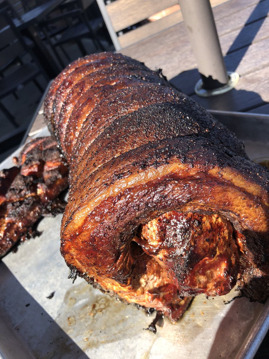 PoorRichardPub's tweet photo. Smoked a porchetta.  I think you’ll like it.  Pairing it with bbq seasoned fries. #bbqeverything #poorrichardspub #wexfordpa #smokedporchetta https://t.co/yfirGJcbSE