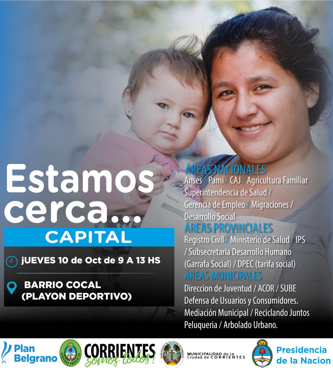 Mañana en el playón deportivo del B° Cocal de la ciudad de #Corrientes vamos a estar con el operativo #EstamosCerca coordinado por el <a href="/PlanBelgrano/">Plan Belgrano</a> con áreas nacionales, del <a href="/CorrientesGob/">Gobierno de Corrientes</a> y la <a href="/municorrientes/">Municipalidad de Corrientes</a> 👍