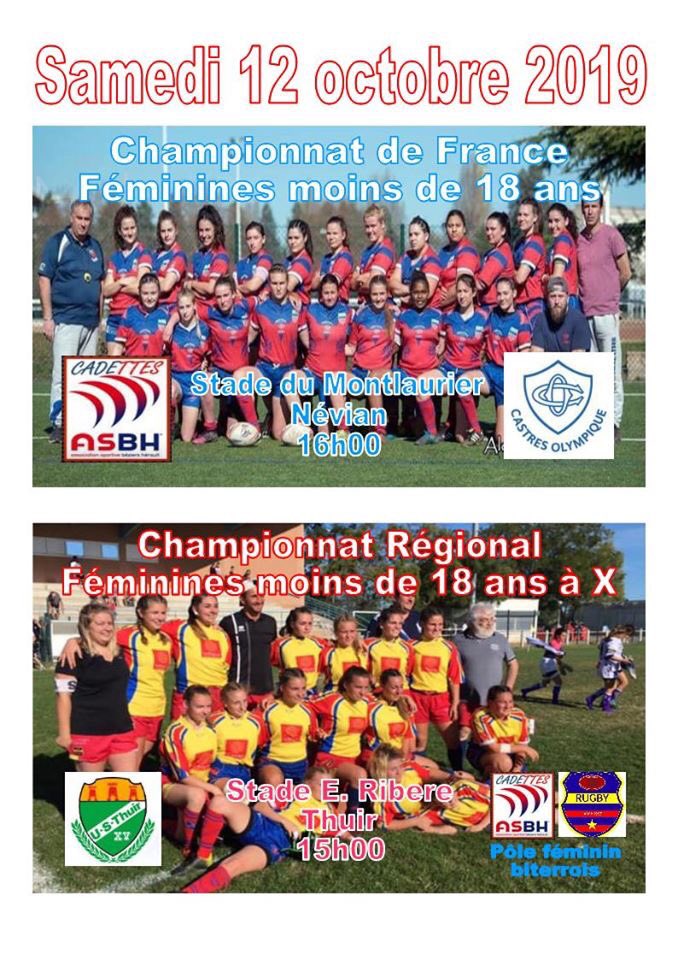ASBH_XV_Feminin's tweet photo. 🚨Programme du week end 🚨
• Cadettes à XV 16h au stade du Montlaurier à Nevian 
• Cadettes à X 13h30 Stade E.Ribere à Thuir
• Senior à XV 15h Stade Raoul Barrière à Béziers 
• Senior à X 14h Stade Municipale St Jeans Vedas https://t.co/9h71jUH6HA