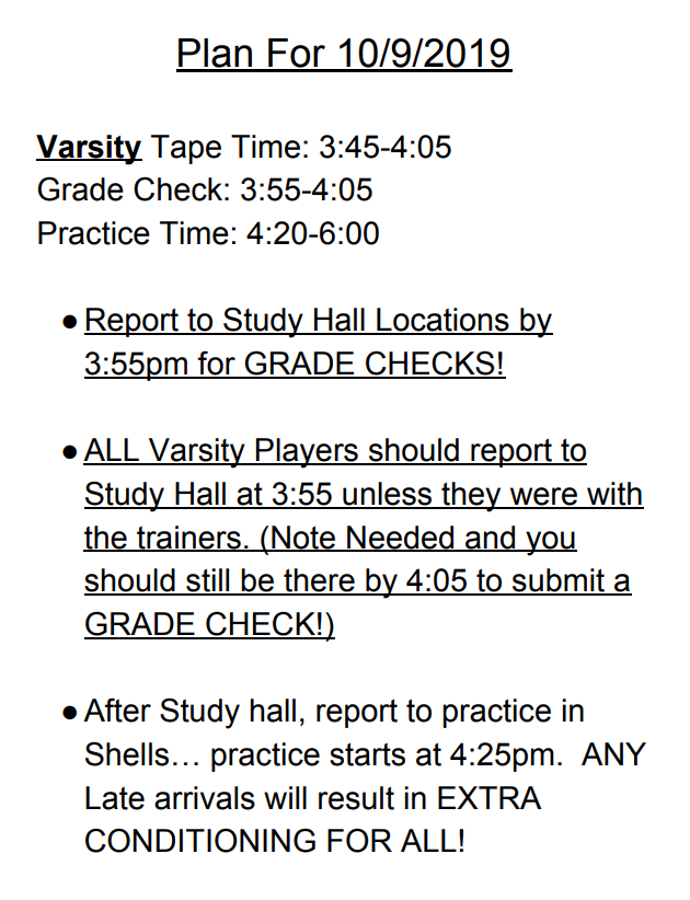 CoachQuinn19's tweet photo. The Plan for Wednesday 10/9 @WestwoodFB #GradeCheck #WingsUp https://t.co/rsEenZfZKG