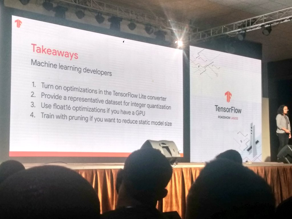 joggyjagz's tweet image. #Excerpts 
Takeaways for ML developers 
1. Why? It's unlocks more compute power on the cpu and gives better inference efficiency
2. ..it saves memory, does post training easier and some other cool reasons 
3. Well....Its faster 
4. Explains itself
#TensorFlowRoadShowLagos