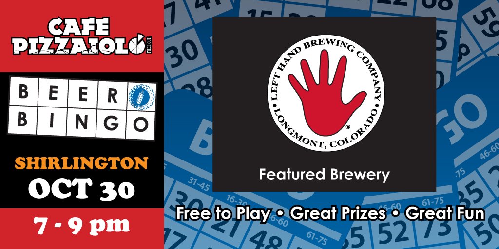 CafePizzaiolo's tweet photo. This month's Beer Bingo brewery is @LeftHandBrewing ! Join us on October 30 for great prizes, $4 Left Hand drafts and $9.99 one-topping pizzas! https://t.co/Kl4gBmv6jy