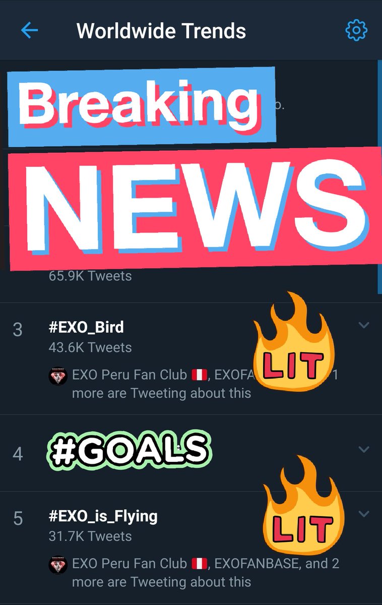 PHIXOVotingTeam's tweet photo. Woahhh. 

Our hashtags #EXO_Bird and #EXO_is_Flying are trending at #3 and #5 on WORLDWIDE TRENDS.
🔥🔥🔥🔥🔥🔥

Don't forget to use these hashtags in tweeting. 
#EXO_Bird 
#EXO_is_flying

@weareoneEXO https://t.co/v76pJmSte6