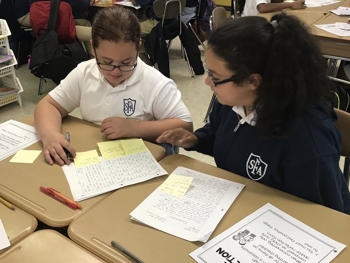 grade6sfabx's tweet photo. Nonfiction Narrative writing in full swing in Grade 6. Today’s focus-Peer Conferencing @grade6sfabx @SFABronx  #peerreflection #sharingstoriesandideas #Excel https://t.co/hTCTteFJY6