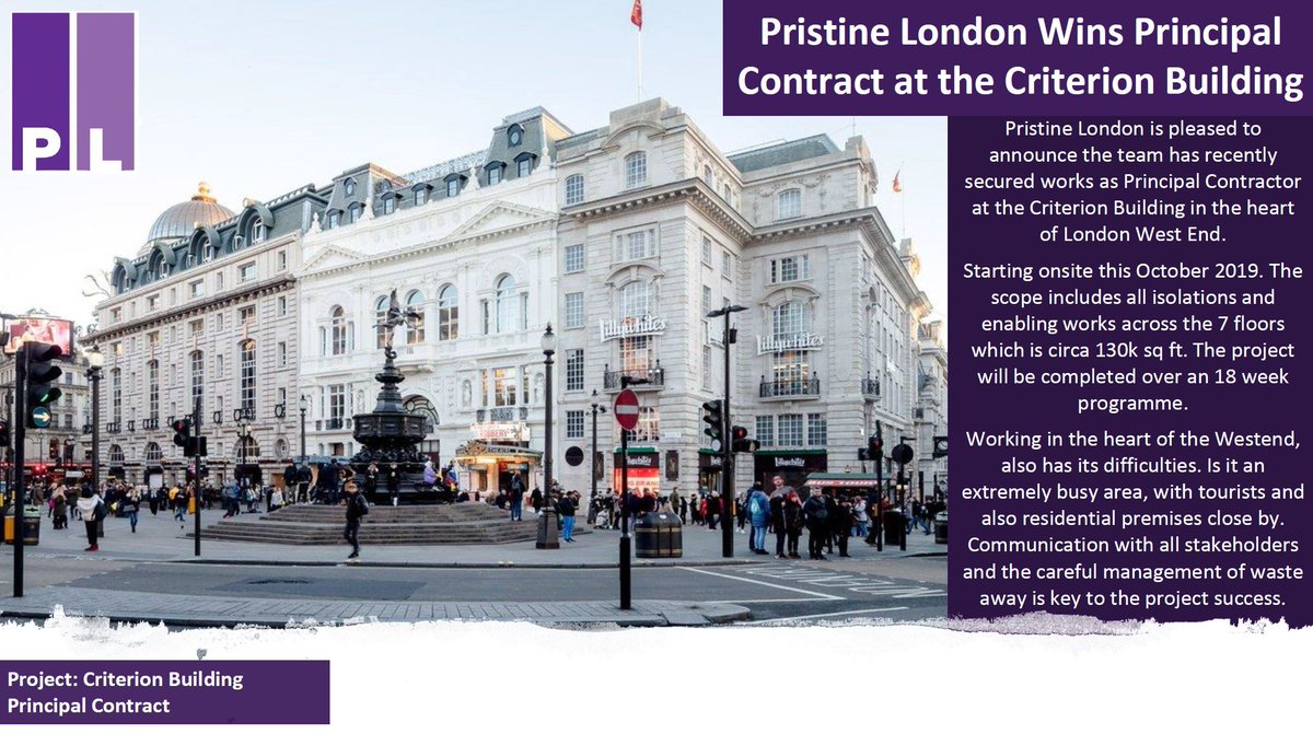 We are proud to announce the team has recently secured works as Principal Contractor at the Criterion Building in the heart of the West End. Another fantastic project win for Pristine London!  
Read more here:
#PristineLondon  #StripOut #Demolition