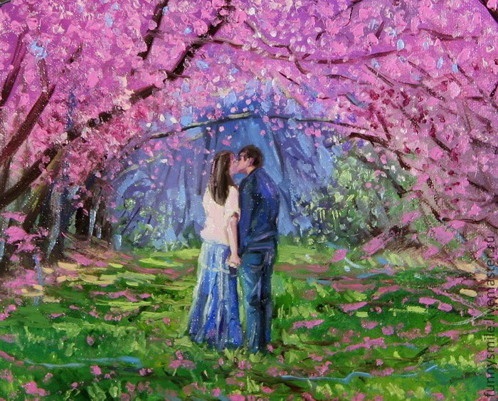 Пейзаж любви. Цветущий сад живопись. Весенний сад живопись. Картина Цветущий сад. Романтические пейзажи с людьми.