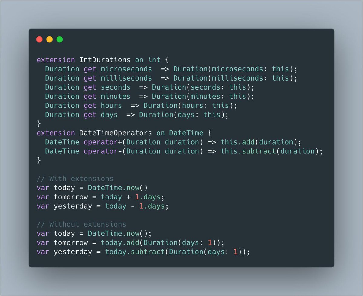 amarokaz's tweet photo. Dart 2.6 extension members are really cool and will make code a lot cleaner. This turns out to be very useful: #dartlang https://t.co/SqvZNyj8C4
