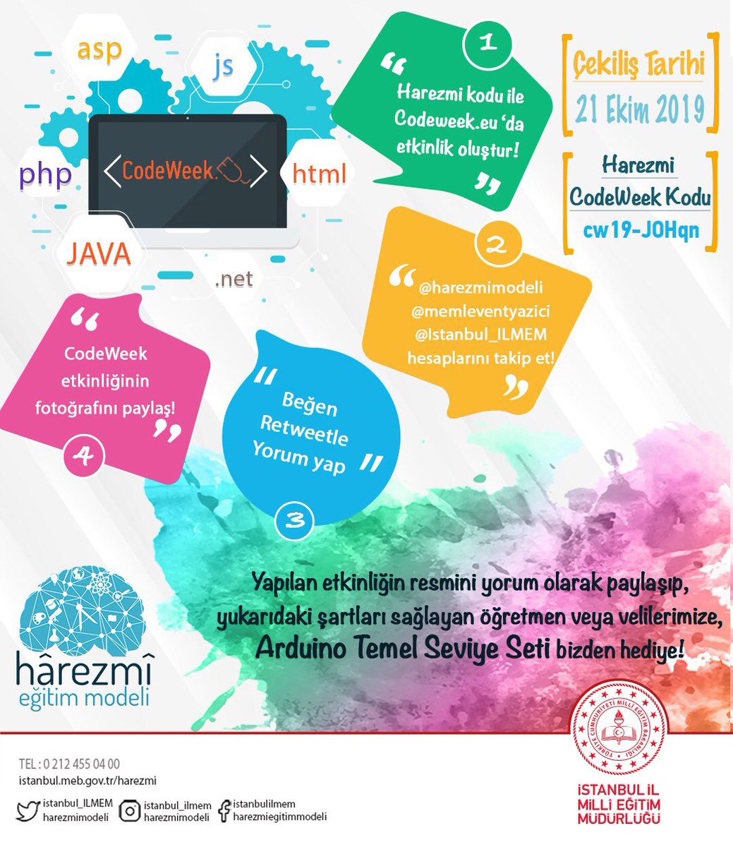 harezmimodeli34's tweet photo. 🥁CodeWeek Haftası Çekilişi 

✨Harezmi kodu ile https://t.co/JDCpRjeq3p’da etkinlik oluştur.

✨Görseldeki tüm şartları sağlayan öğretmen veya velilerimize, Arduino Temel Seviye seti bizden hediye!

🥁Çekiliş Tarihi: 21 Ekim

@memleventyazici 
@Istanbul_ILMEM 
#CodeWeekHarezmi https://t.co/alsarZaqy3