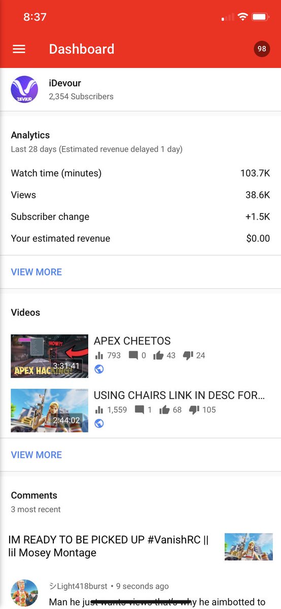 iDevour2020's tweet image. It’s ok @The_FortniteGuy thanks to you I’m half way there to get monetized you corn dog