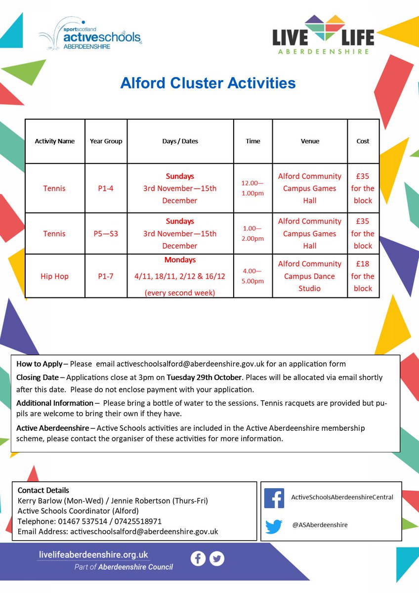 ASAberdeenshire's tweet photo. #ActiveSchoolsAlford have some exciting opportunities in Term 2

To apply email activeschoolsalford@aberdeenshire.gov.uk

#developsskills #moreactive
#LiveLifeAberdeenshire

@AlfordPrimSchHT @ClunyPrimarySch @CraigievarSch @EchtPrimary @LumsdenSchool @StrathdonSch @ToughSchool1 https://t.co/QSMkB6JFnQ