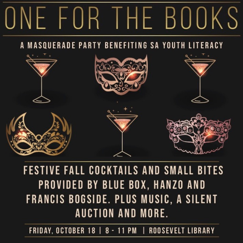 SAYouthLiteracy's tweet photo. Don't miss it - it's going to be One for the Books! Join us for a masquerade party benefiting #SAYL Fri 10/18. Fall drinks and bites by @blueboxbar @FrancisBogside @hanzobarsa plus live music by @thetexases Get tickets >> https://t.co/1iyxEDpmXM Save $25 with code SAYL thru 10/12 https://t.co/AvIqsEnvFT