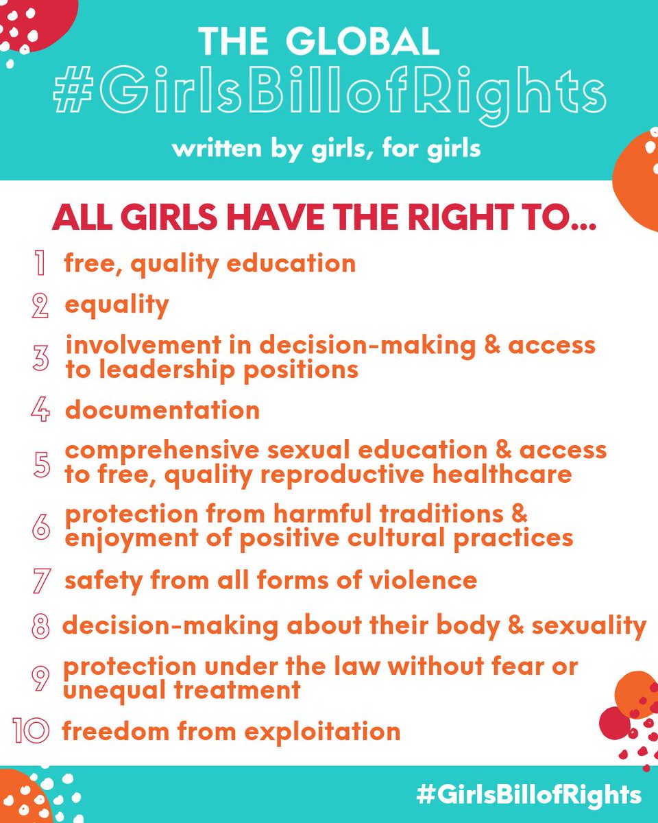 shesthefirst's tweet photo. For far too long, girls' voices have been ignored—but no more.🙅‍♀️Drafted by 1000+ girls worldwide, the Global #GirlsBillofRights shares the top 10 rights they demand.

Get loud this #DayoftheGirl 🗣: Share this bill and support girls on the decisions that affect their lives. https://t.co/uLkg6nPgGh